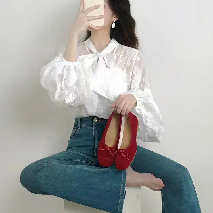 

Spring 2026 Blouse Commuting Western Style High Grade Lace Bow Lantern Sleeve Shirt Women