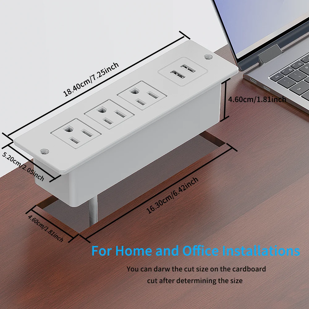 Embedded Power Strip with 3 AC Outlets 2 USB-A (5A 2.1V) with 1.5M Extension Cord Desktop Power Socket for Office Desk Bedroom