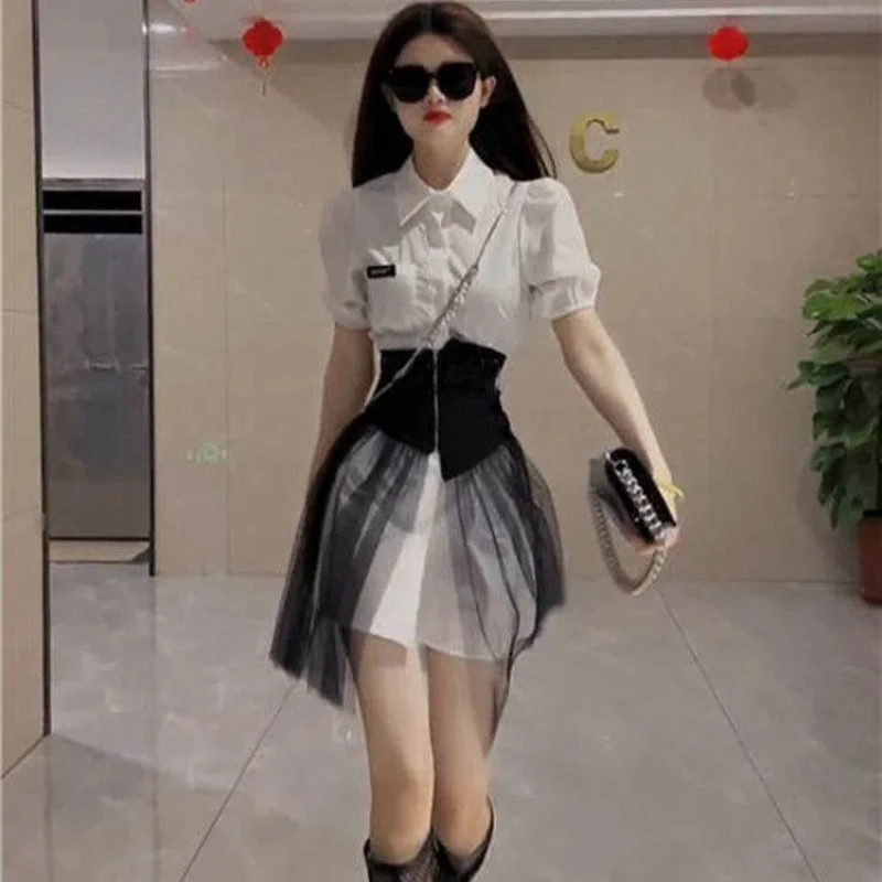 Summer Fashionable and Fashionable Mid Length Polo Neck Style Slim and Slender Waist Asymmetric Shirt Skirt Set of Two