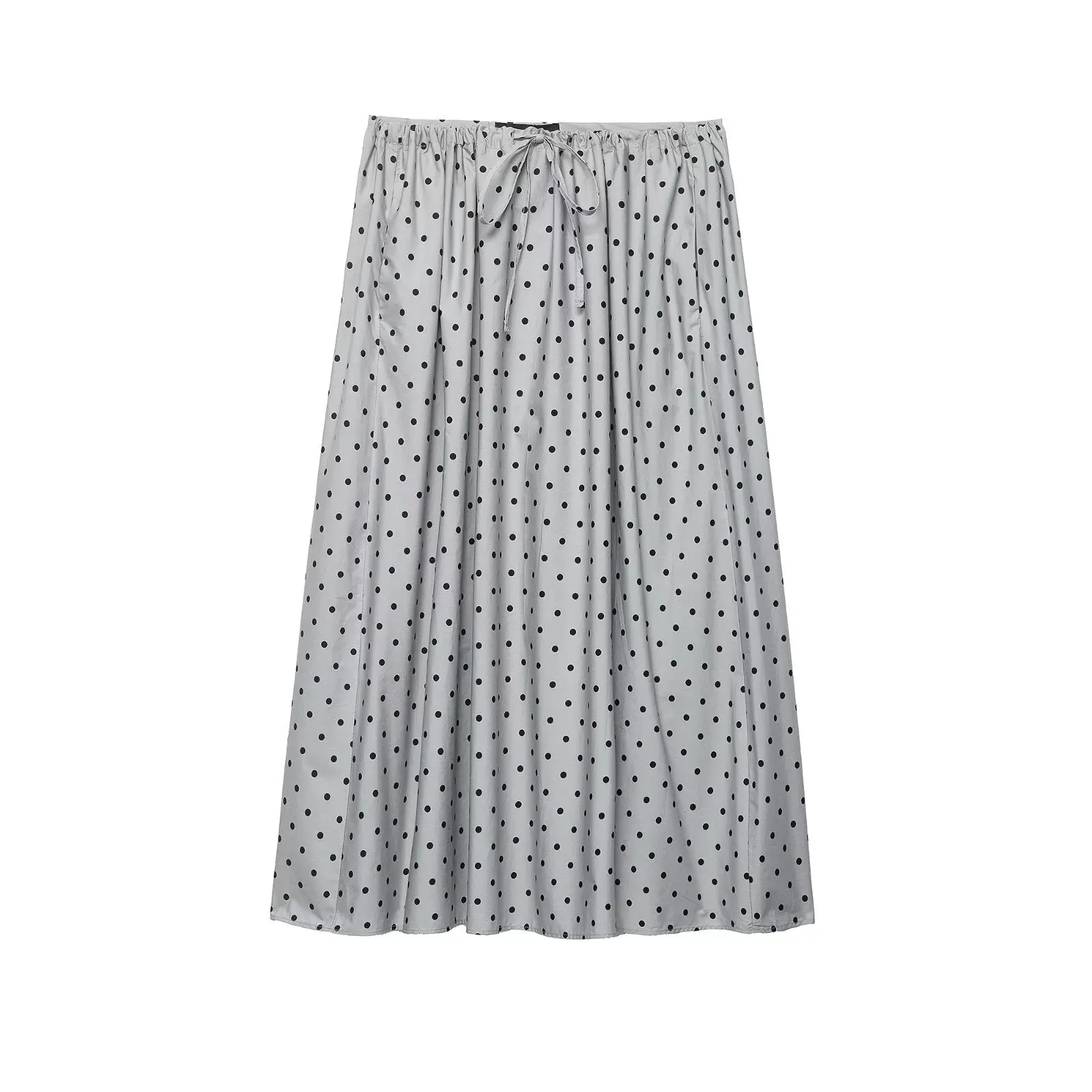 Women Spring Fashion Pocket Pleated Decoration Elastic Waist Drawstring Skirt Women Temperament Polka Dots Mid-Waist Skirt