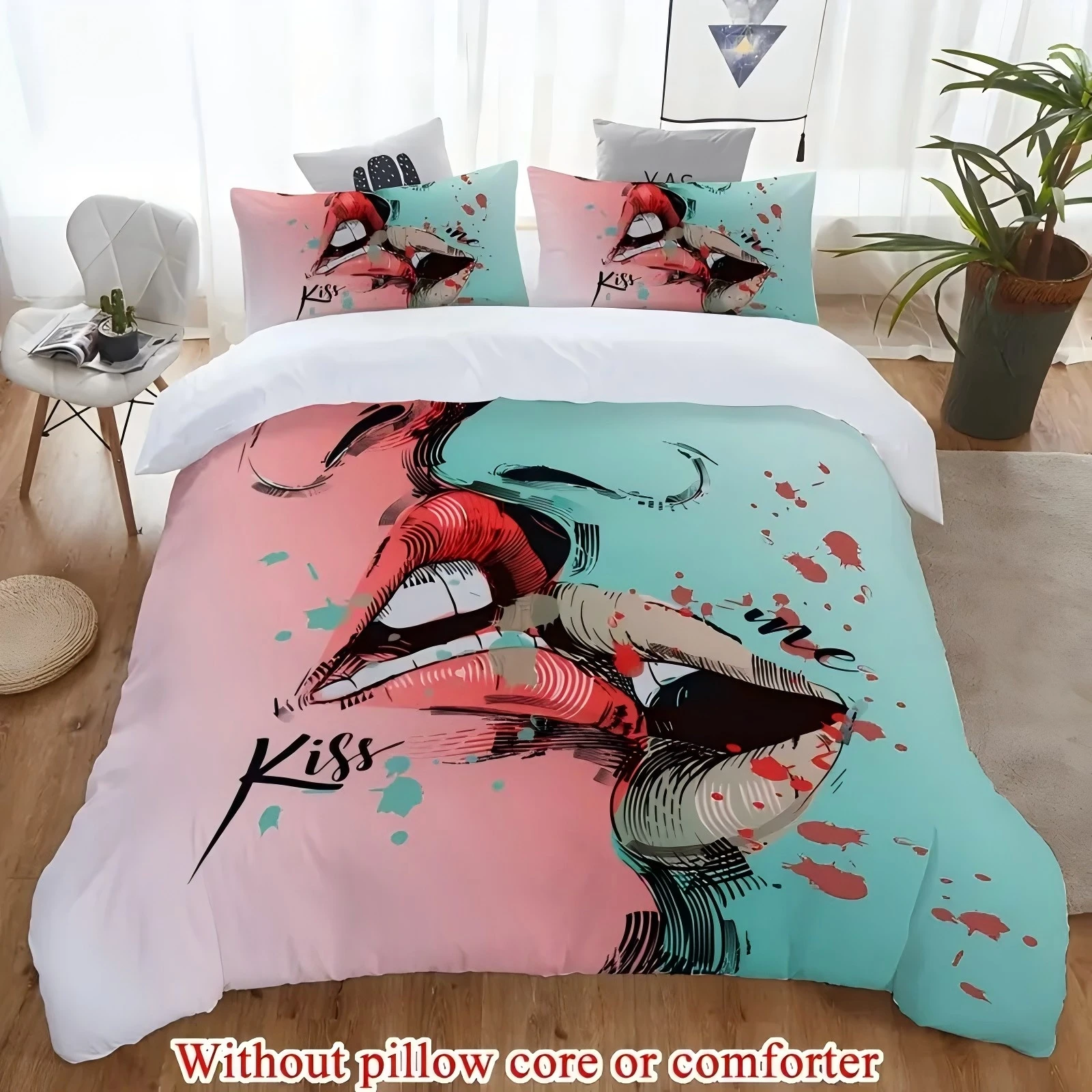 

Valentine's Day Kiss Graffiti 3D Printed Quilt cover Pink green splicing soft Bedding set Home Textiles Duvet Cover Pillowcases