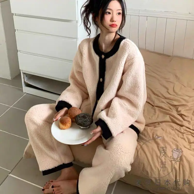 

Зимний плюшевый пижамный костюм, женский модный милый топ, брючный костюм, фланелевой утепленный теплый удобный домашний костюм для отдыха
