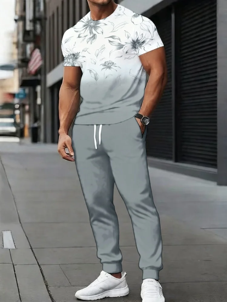 

American Fashion 2PCS Pant Sets Men's Gradient Flower Print T-shirt + Drawstring Joggers Suits 2026 New Comfortable Streetwears