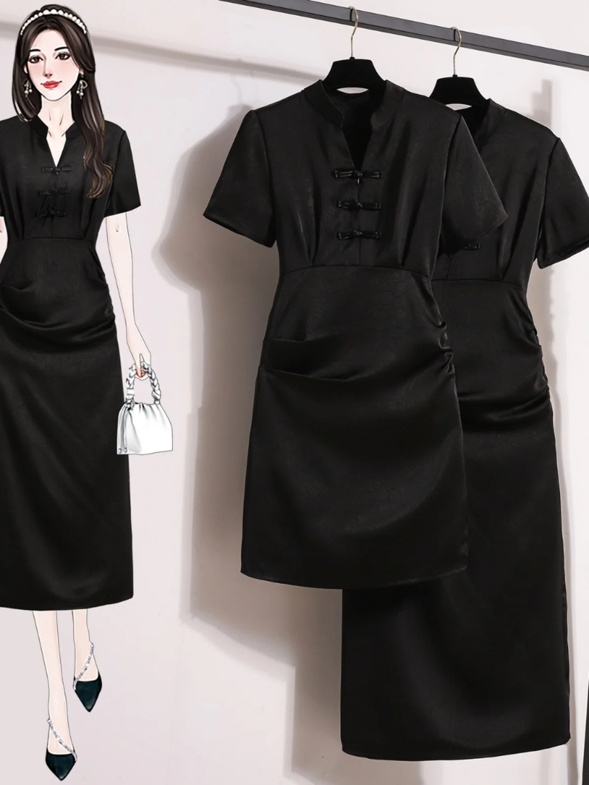 

Slimming Vintage Chinese Style Midi Dress plus Size Summer New Arrival Korean Commuter Style Short Sleeve A-Line Skirt
