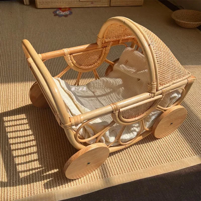 Vintage Rattan Baby Stroller Handwoven Bamboo Doll Pram Carriage Antique Style Baby Shower Gift Kids Nursery Decor Ornament