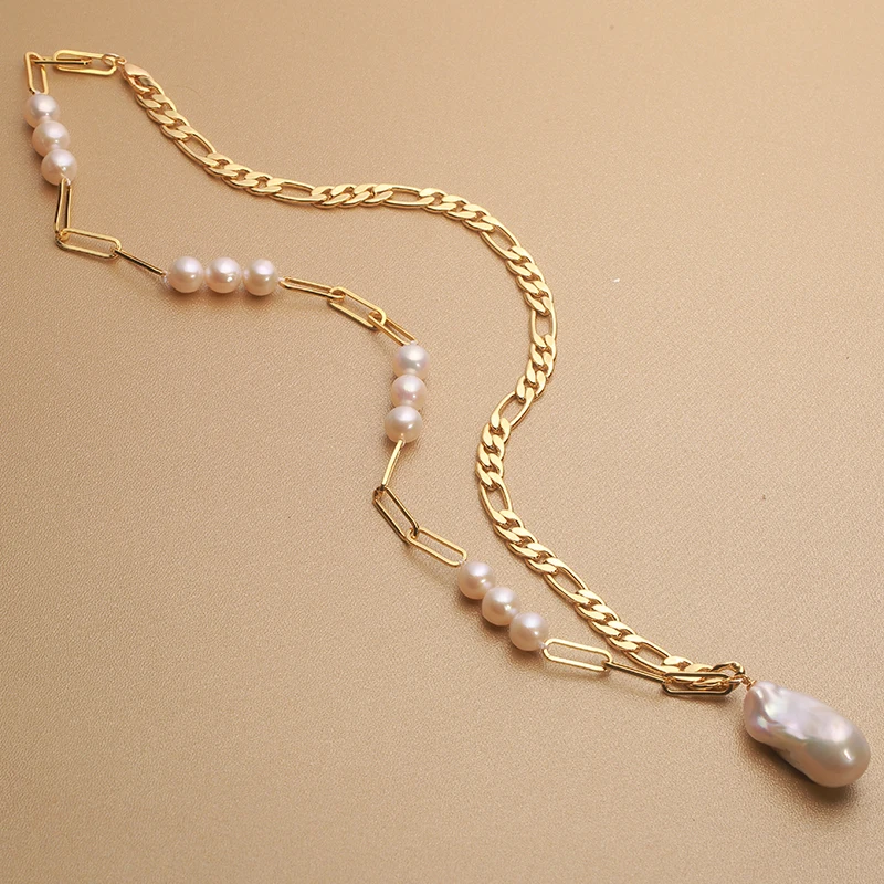 

14k Gold filled Retro style Natural Freshwater Pearl pendant oversized Baroque Necklace 15-25mm unique personality 45cm NAB