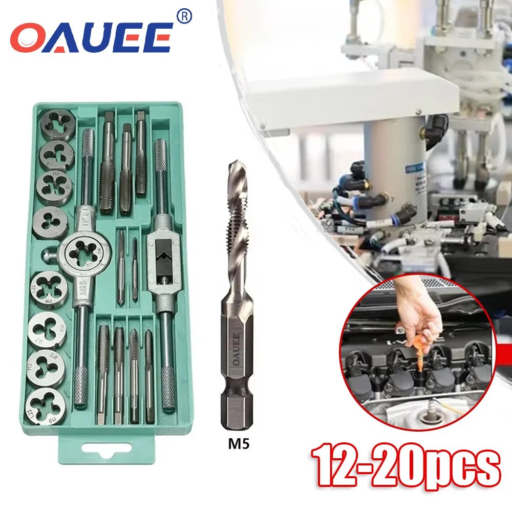 

12-20Pcs Metric Hand Tap and Die Set M3-M12 Screw Thread Plugs Straight Taper Reamer Tools Tap and Die Set Tools