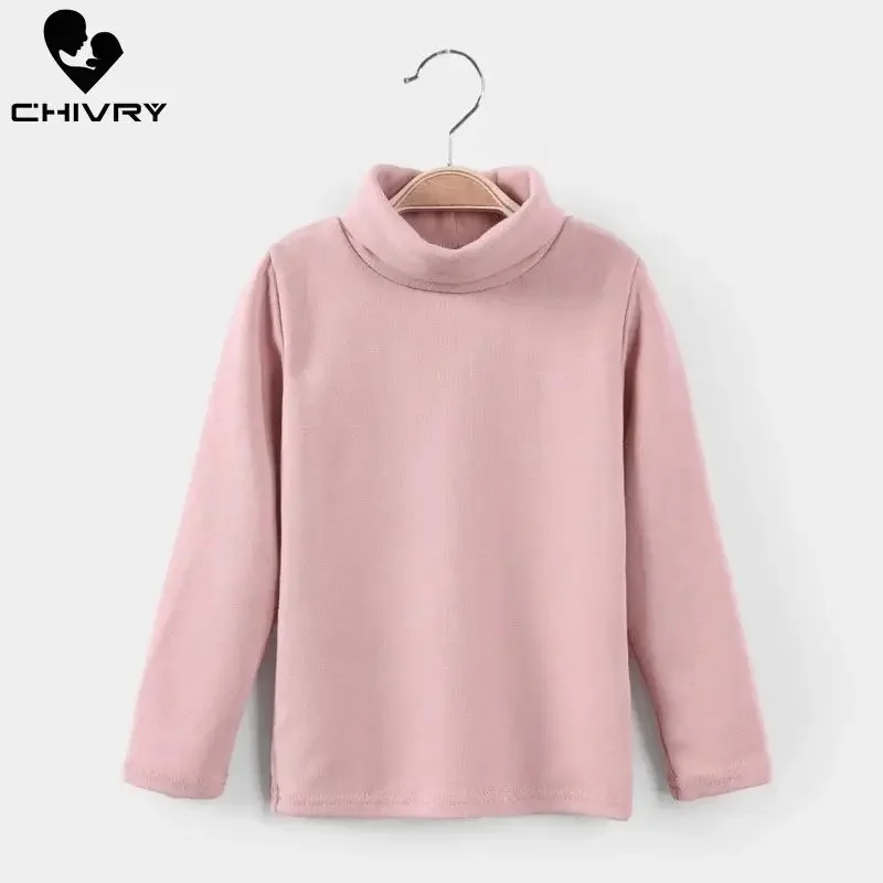 New 2024 Autumn Winter Boys Girls Kids Fashion Solid T Shirt Tops Children O-neck Long Sleeve Warm Casual T-shirts