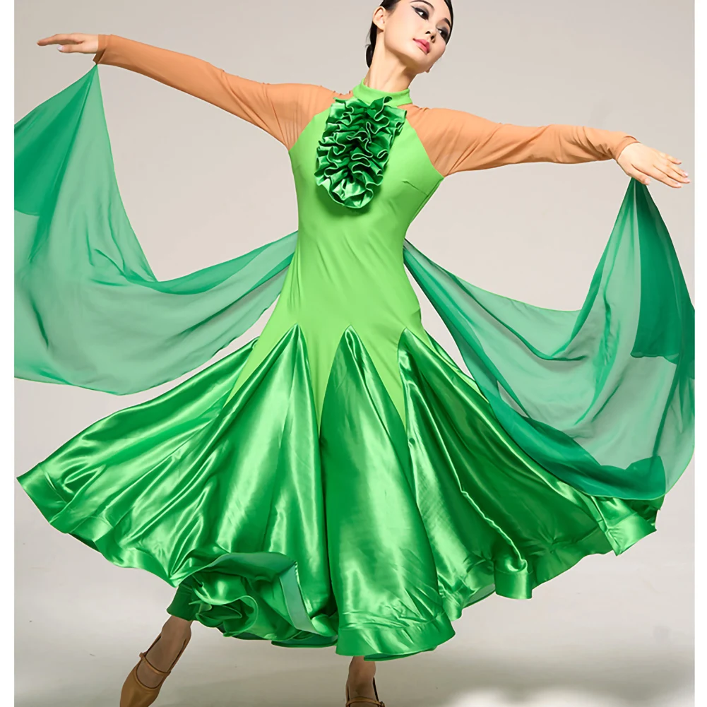 Practice Dance Dress high quality Flamenco Skirt Custom Ballroom Dancing Dress Competition Ribbon Collar Decal Long Sleeve