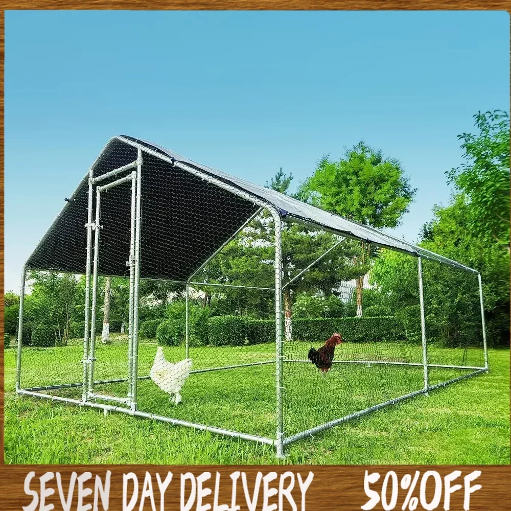 

Heavy Duty Spire Shaped Large Metal Chicken Coop, Duck Chicken Hen House Outdoor Chicken Pen with Waterproof & Anti-UV Cover