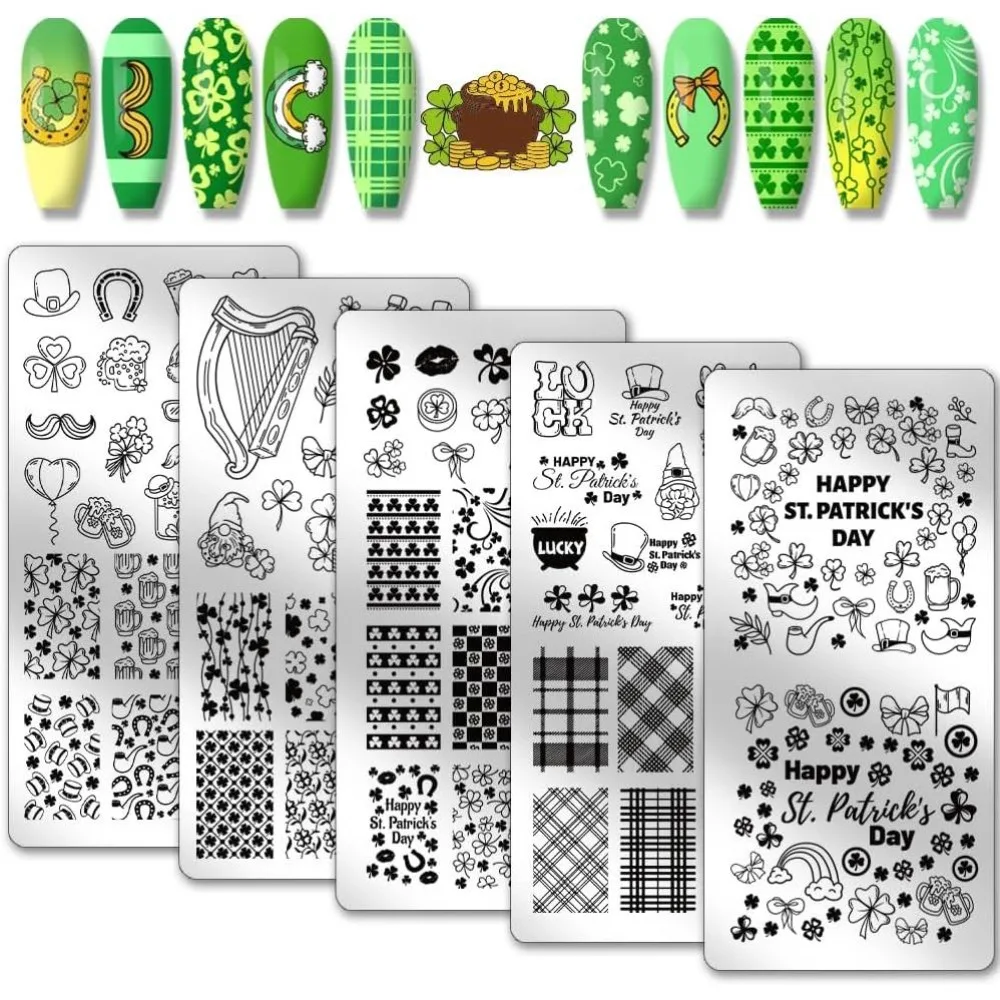 5pcs Nail Stamping Plates for St. Patrick's Day Shamrock Nail Art Templates Leaf Clover Flower Nail Art Steel Nail Plates