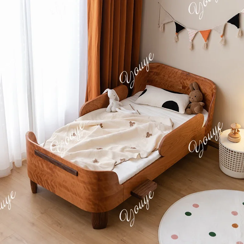 N49 Jilu Life Island Children's Bed Pure Solid Wood Cherry Wood Single Bed Boys and Girls Guardrail Crib Splicing Queen Bed