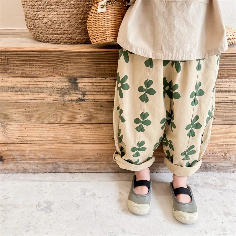 Children\'s Pants 2025 Spring New Korean Toddler Girls Flower Print Harem Pants Boys Loose Casual Trousers Kids Clothes