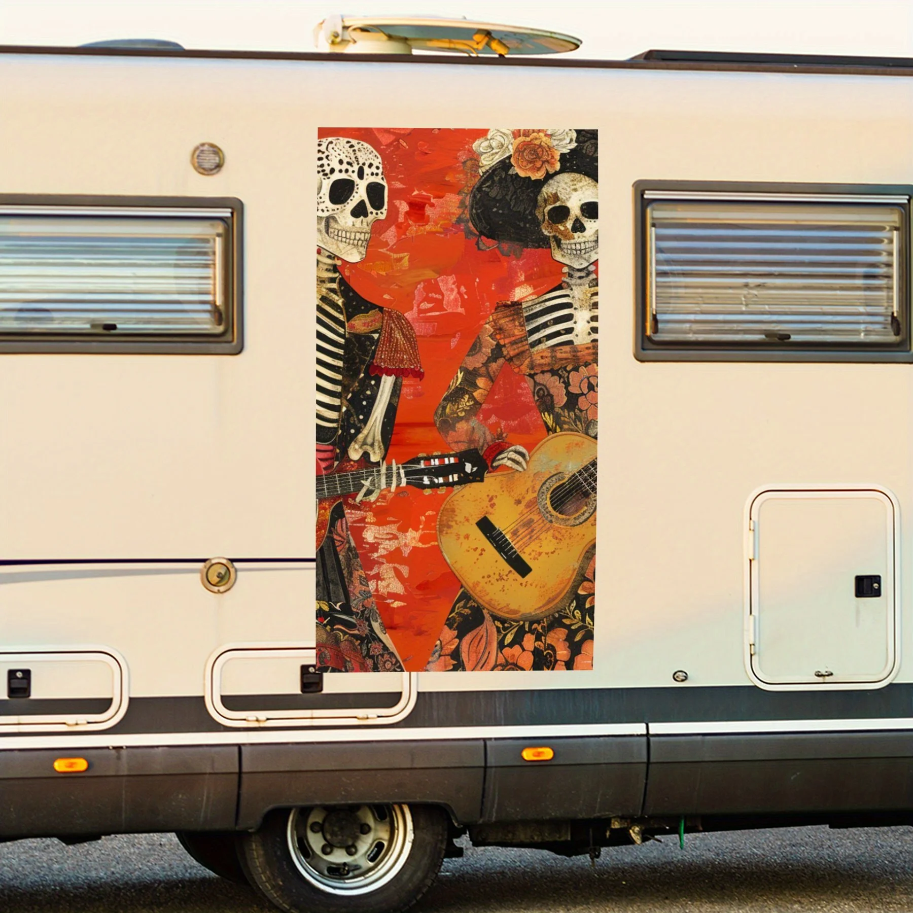 

Череп музыканты Duo, наклейка на дверь автомобиля дома на колесах, ПВХ, самоводонепроницаемая палочка, яркие автомобильные внешние аксессуары, декор, защита подарка