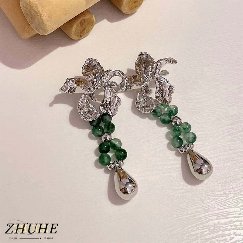 

Luxury Floral Copper Earrings, Green Bead Tassel Teardrop Pendant Jewelry Accessories for Women & Men, Vintage Dangle Earrings,