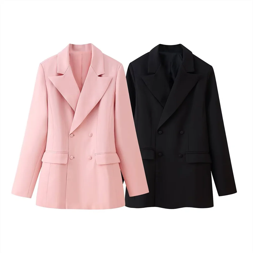 

BSK&TRAF Women's Clothing 2025 New Fashion Slim Lapel Waist Double-breasted Suit Casual Jacket Solid Color Series