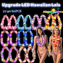 32/40/60PCS Upgrade LED Hawaiian Leis Light Up Hawaiian Party Leis Glow Wedding Necklace Leis For Beach Party Themed Supplies