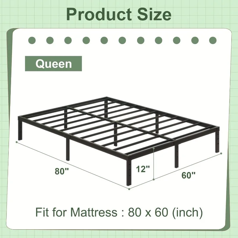 12 Inch Metal Bed Frame, Heavy Duty Steel Slat Mattress Foundation,No Box Spring Needed, Easy Assembly, Noise-Free,Black