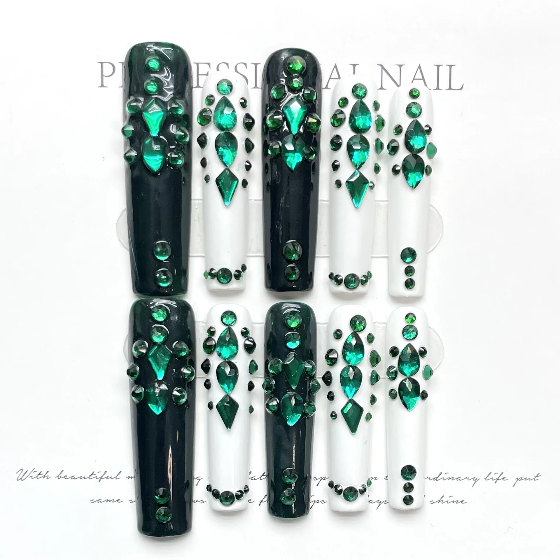 10Pcs Black Long Handmade Coffin Press on Nails Ballet Rhinestones Decoration False Nails Queen Full Cover Fake Nail Tips Art