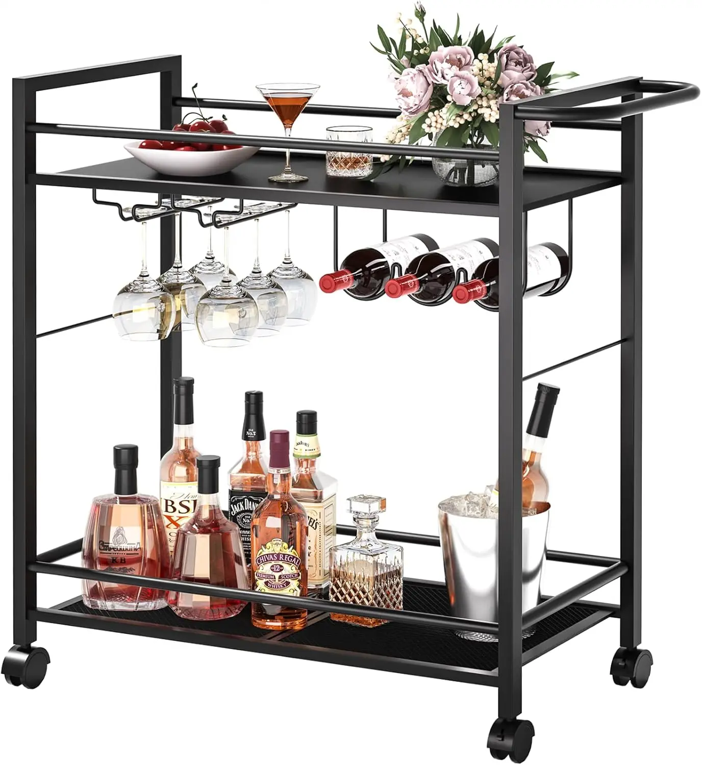 

Modern Black Bar Cart with Storage Shelves, Wheels, Wine Rack & Glass Holder for Kitchen Living Room