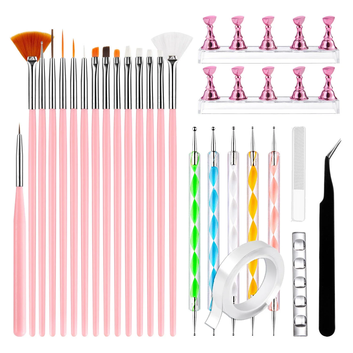 

24-Piece Nail Artist Kit ， Pro Tools for Salon & Students – Dotting Pens, Magnetic Stand, Brushes, Tweezers & More!