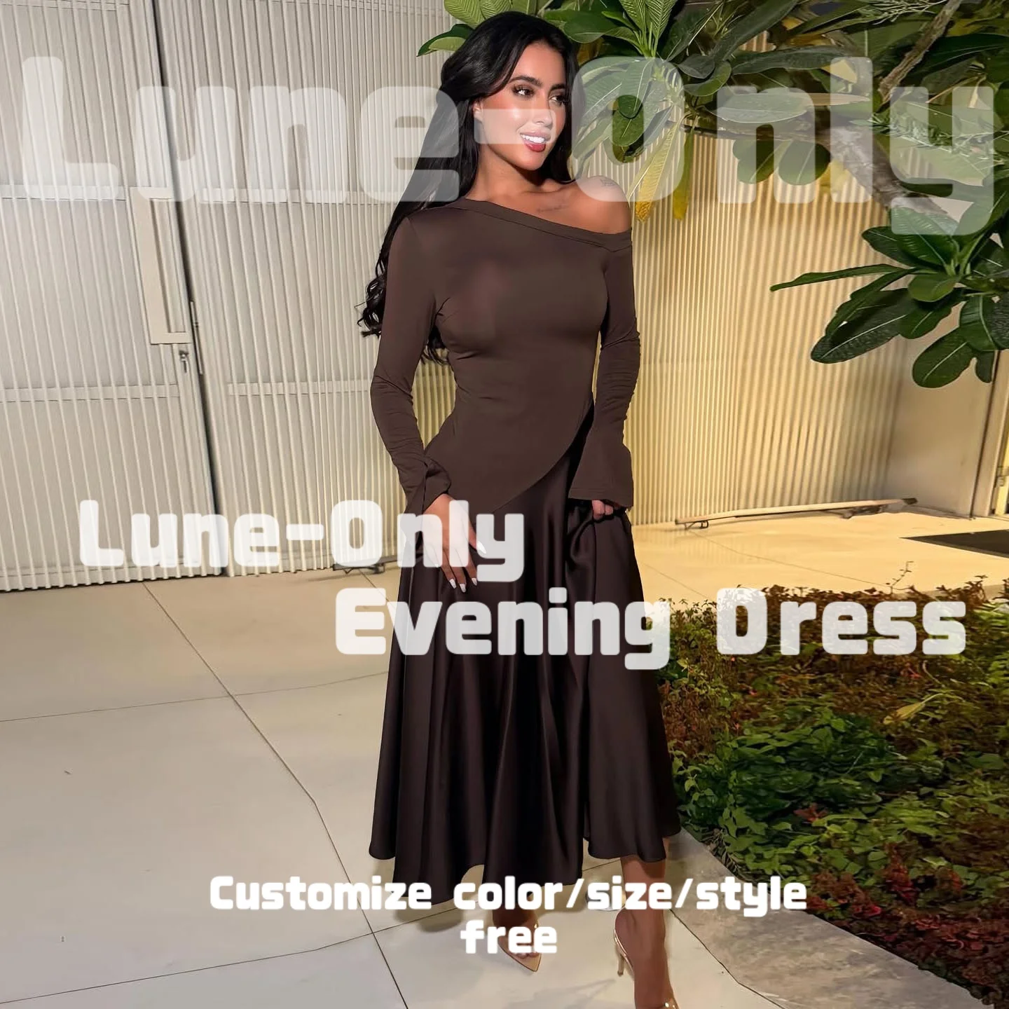 

Customized Off Shoulder Long Sleeves Brown Elegant Evening Dresses For Formal Occasion Simple Prom Dress Party Gown