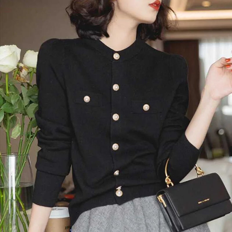 Maglione lavorato a maglia Cardigan da donna Nuovo colletto alla coreana a maniche lunghe Maglione lavorato a maglia nero Cardigan Donna Top Sueters De Mujer 2025 Q1195