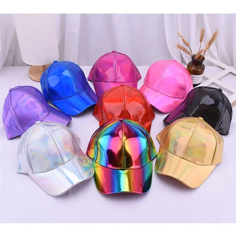 Women Men Faux Leather Baseball Cap Glitter Metallic Holographic Rainbow Reflective Hip Hop Adjustable Strapback Peaked Hat