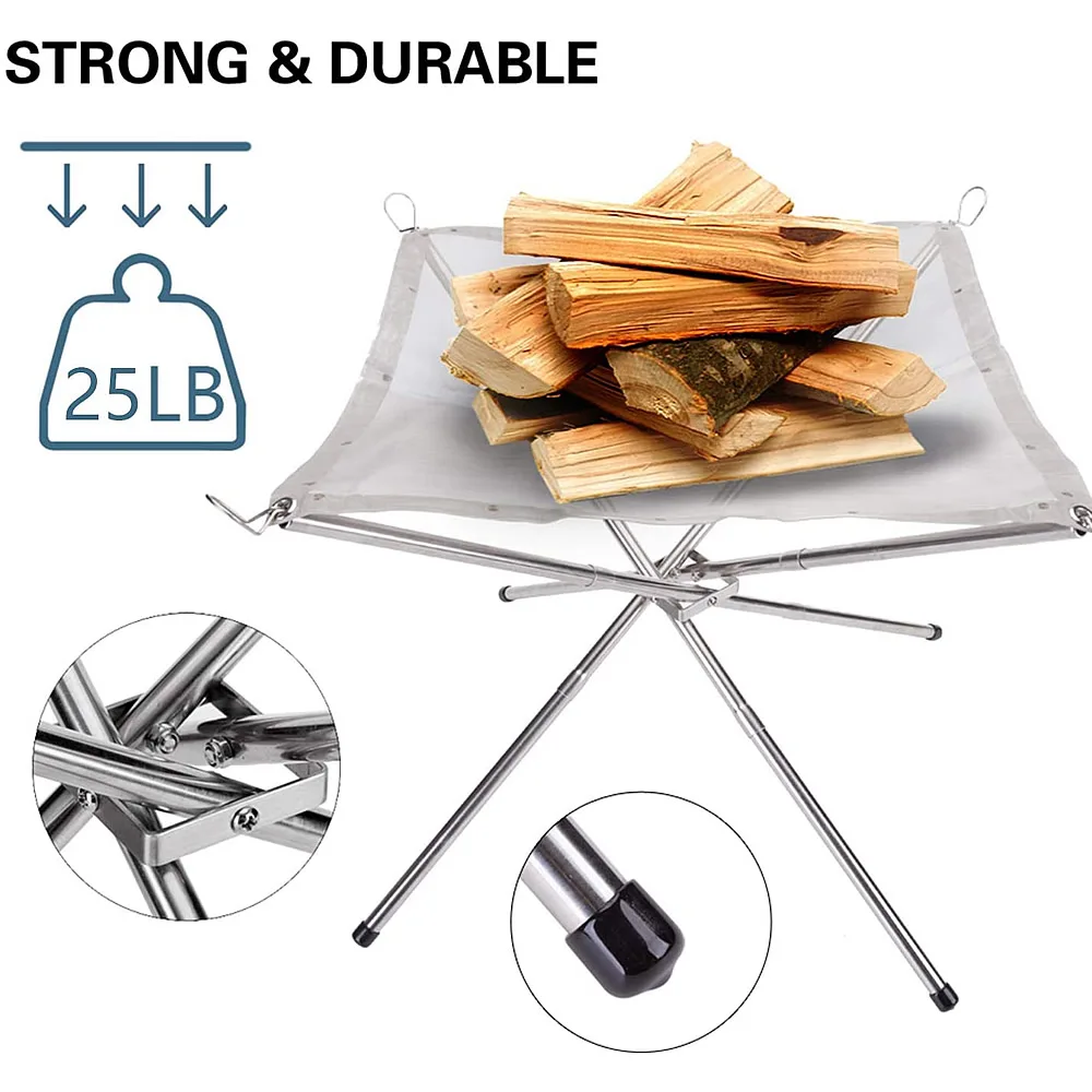 Camping BBQ Mesh Fireplace Rack Portable Wood Heater Stove Outdoor Backyard Fire Pit Stainless Steel Quick Assembly Reusable