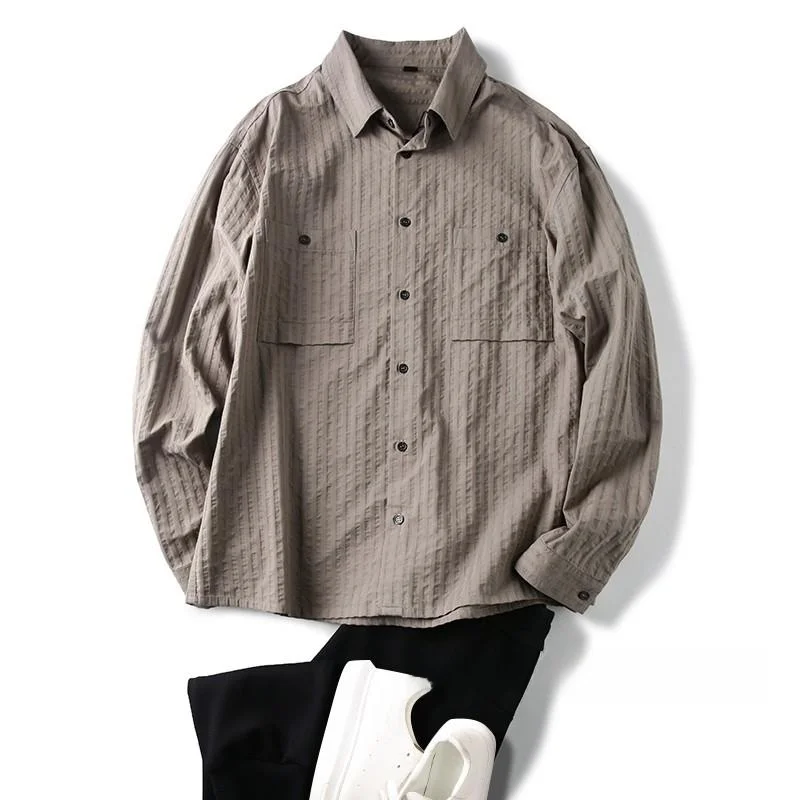 

Spring 2025 New Sle Japanese Sle Pure Cotton Long Sve Casual irt Texture Pattern ket Workwear Turn-down Collar