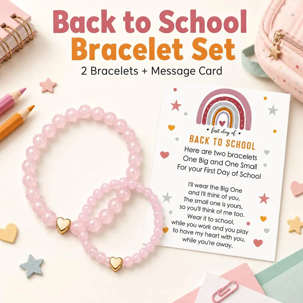 Homecoming Season Bracelet Love Parent Child Elastic Wishing Bead Bracelet, First Day of School Supplies Gift (with Card)