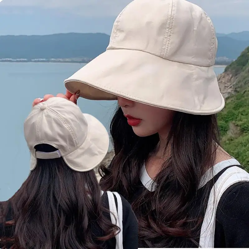 

Women Summer Sunhat Cotton Ponytail Bucket Hat Outdoor Beach Adjustable Sun Visor Hats Solid Color Foldable Panama Fisherman Cap