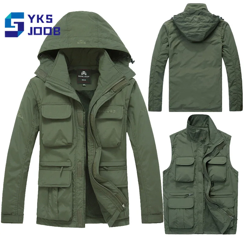 Detachable Sleeves Tactical Hiking Jackets Men Quick Dry Breathbale Multi-pocket Vest Windproof Waterproof Hunting Camping Coats