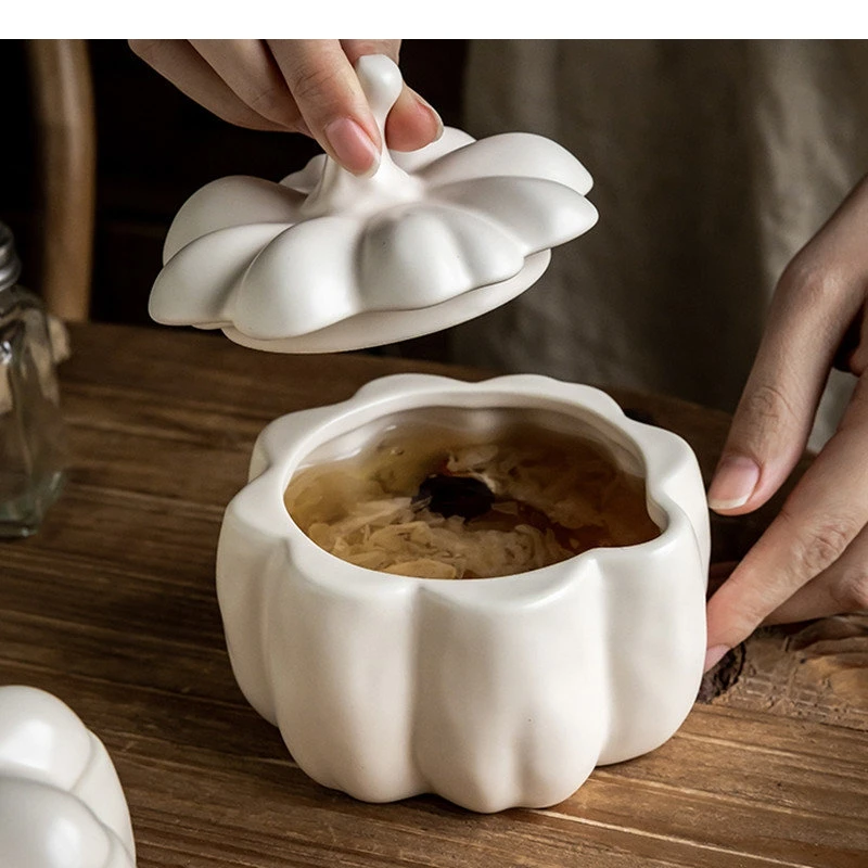 Ceramic Pumpkin Bowl Restaurant Bird's Nest Oatmeal Lamian Noodles Chinese Home Kitchen Stew with Cover