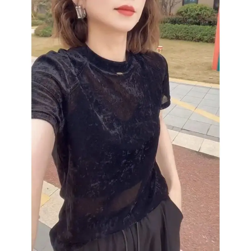 Korean Style round Neck Micro Transparent Short Sleeve T-Shirt Slim Fit Thin Style Popular Base Layer Top for Summer 2024