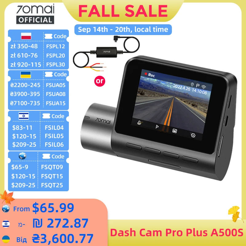 70mai A500S 2-Ch Car DVR 1944P Night Vision GPS Wi-Fi