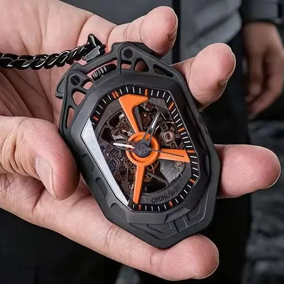CRONUSART Men Automatic Watch 45mm Mechanical Pocket Watch Titanium Case Luminous Sapphire Mirror Skeleton Dial Cuban Link Chain