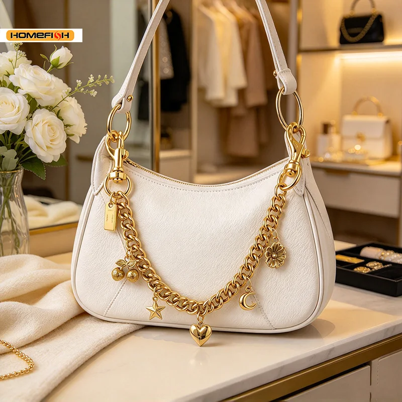 HOMEFISH Vintage Alloy Bag Hanging Chain Multi-Charm Pendant Cherry Flower Star Moon Heart Decor for Handbag DIY Accessory