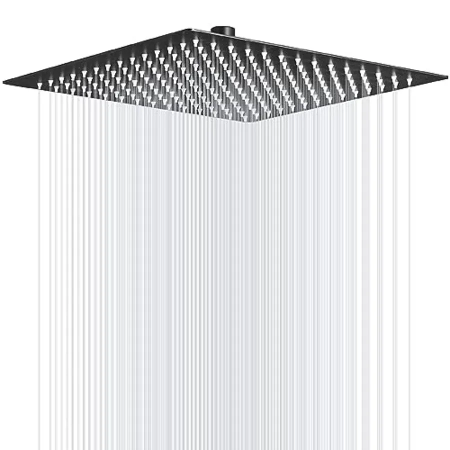 Rain Shower Head High Pressure Black 16 Inch Square 304 Stainless Steel Rainfall Showerhead with 1/2 Connection for Bathroom Cl