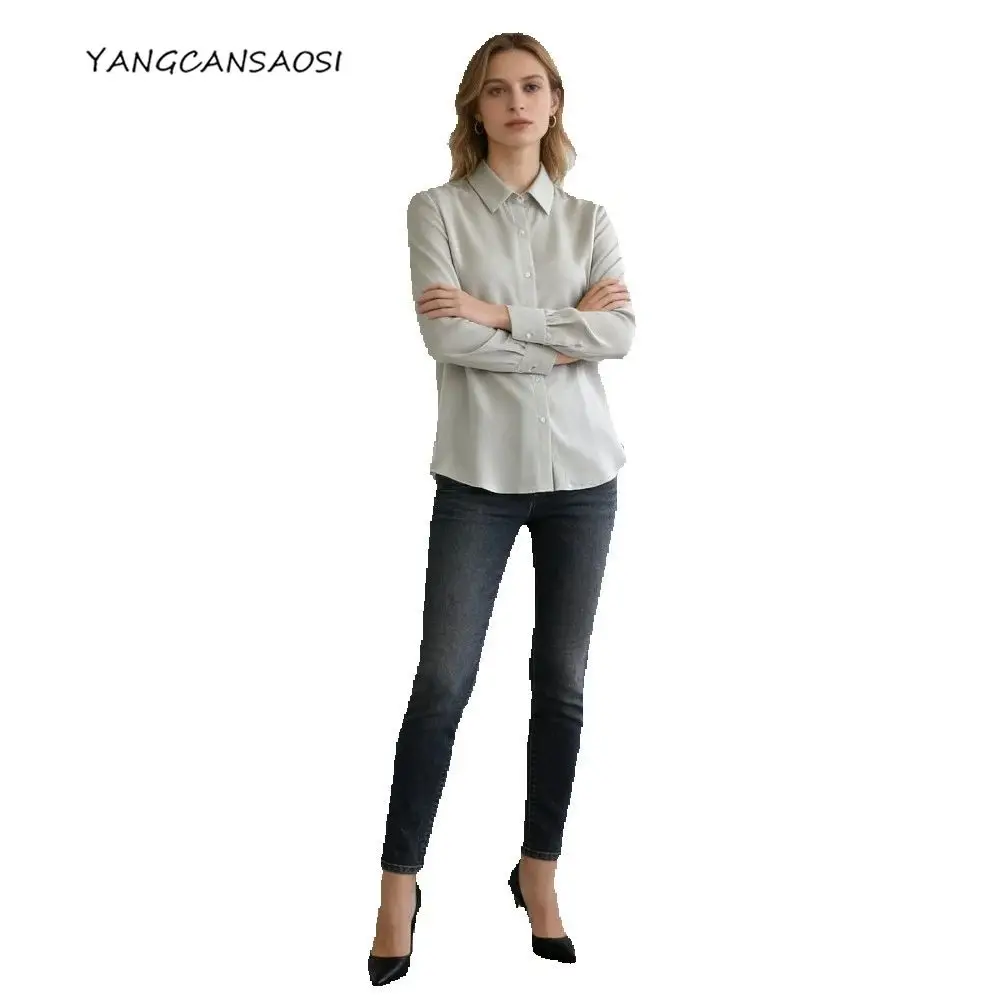 2026 moda mujer primavera nuevo 26MM 93% seda de morera Natural crepé pesado gris claro verde versátil camisa de oficina de manga larga