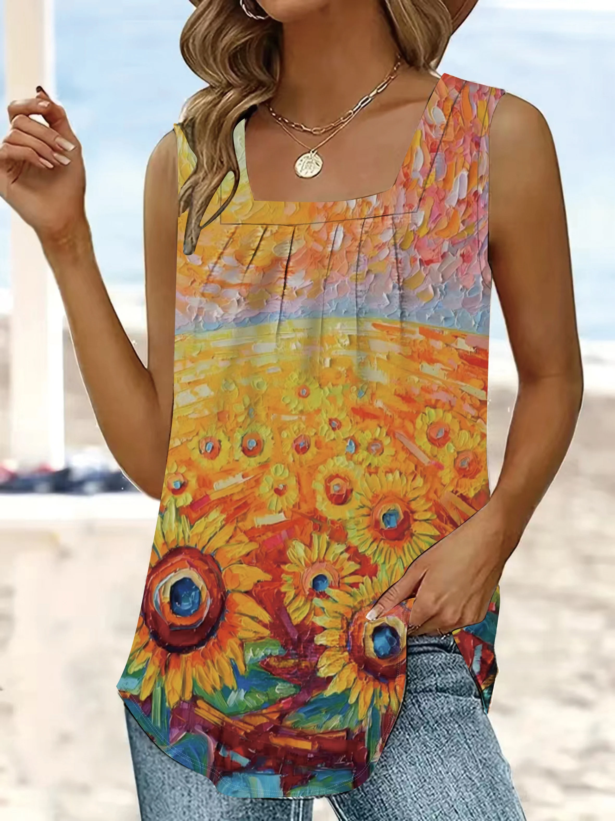 Plus size summer trendy fashion influencer casual sweet loose colored tank sunflower print strap top