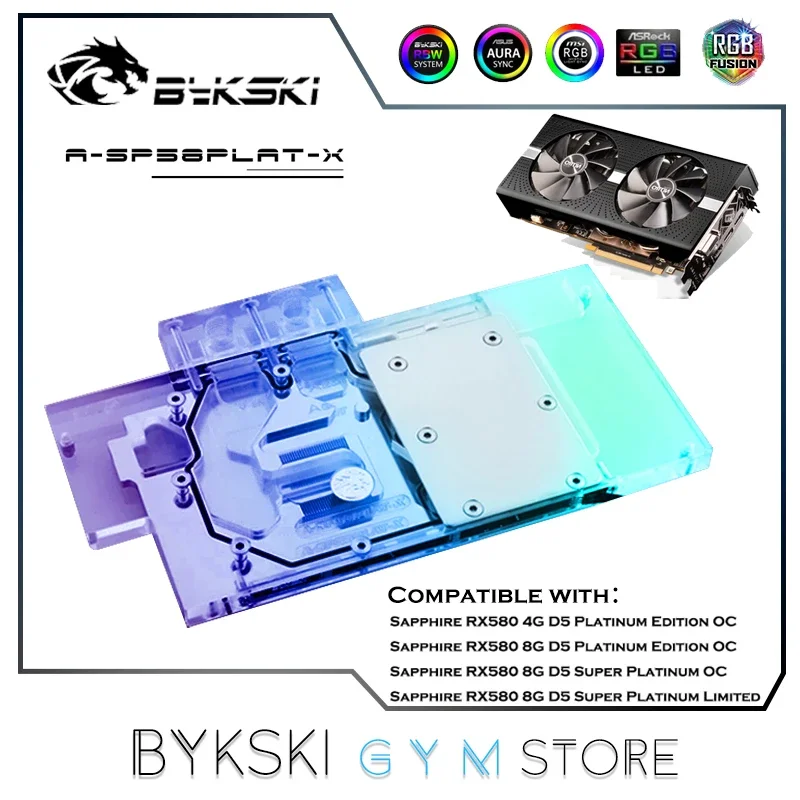 Bykski-Full GPU Water Block para VGA Sapphire, RX580 Nitro, Placa gráfica, Refrigeração a Água, 5V, 12V, M/B SYNC,A-SP58PLAT-X