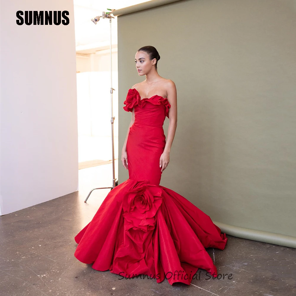 

SUMNUS Classic Red Mermaid Prom Dresses One Shoulder Floral Evening Cocktail Party Dress Draped Sleeveless Formal Occasion Gowns