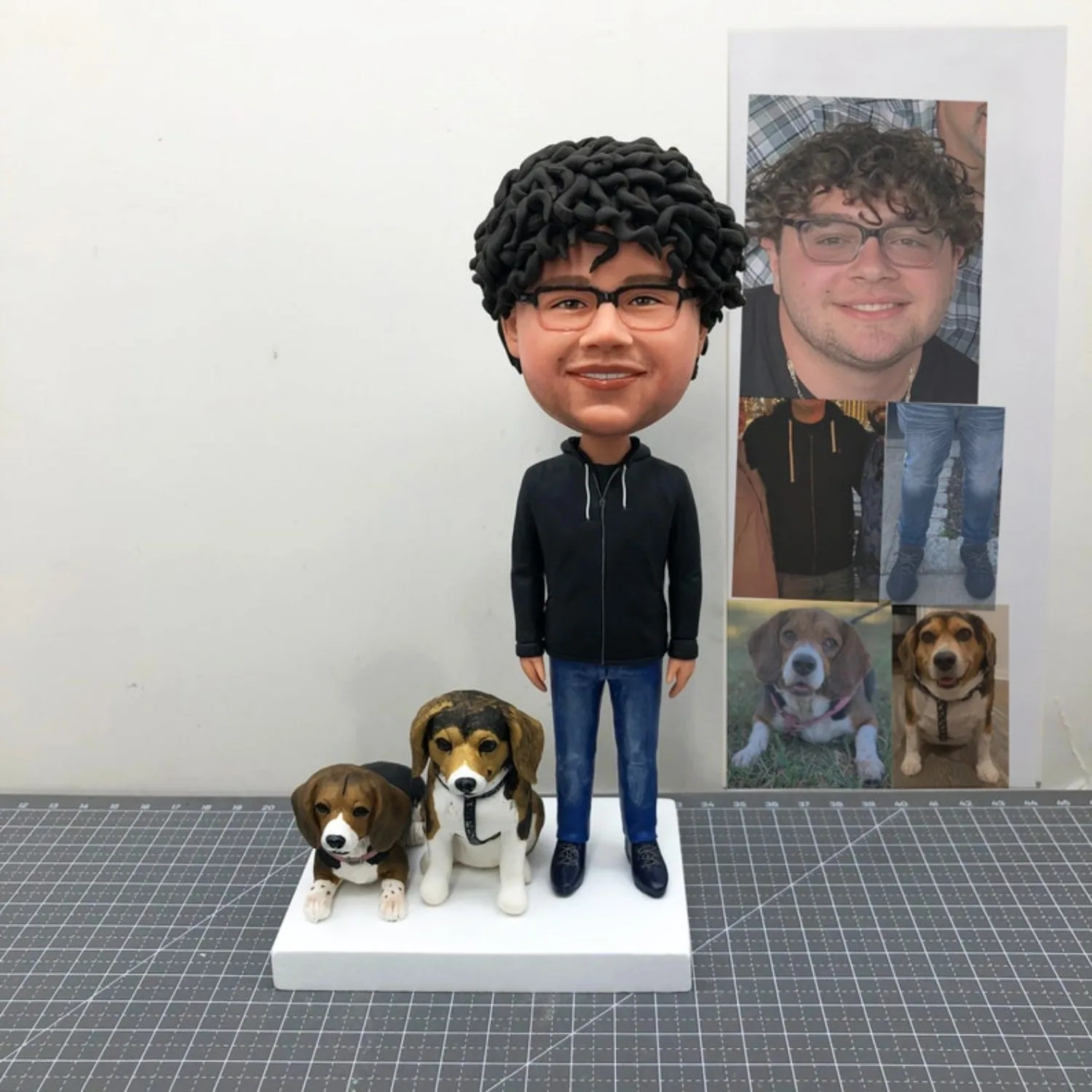 

Custom Boyfriend Husband Bobblehead With 2 Pets Personalized Figurine With Two Dogs Handmade Full Body Clay Figure Gift Idea