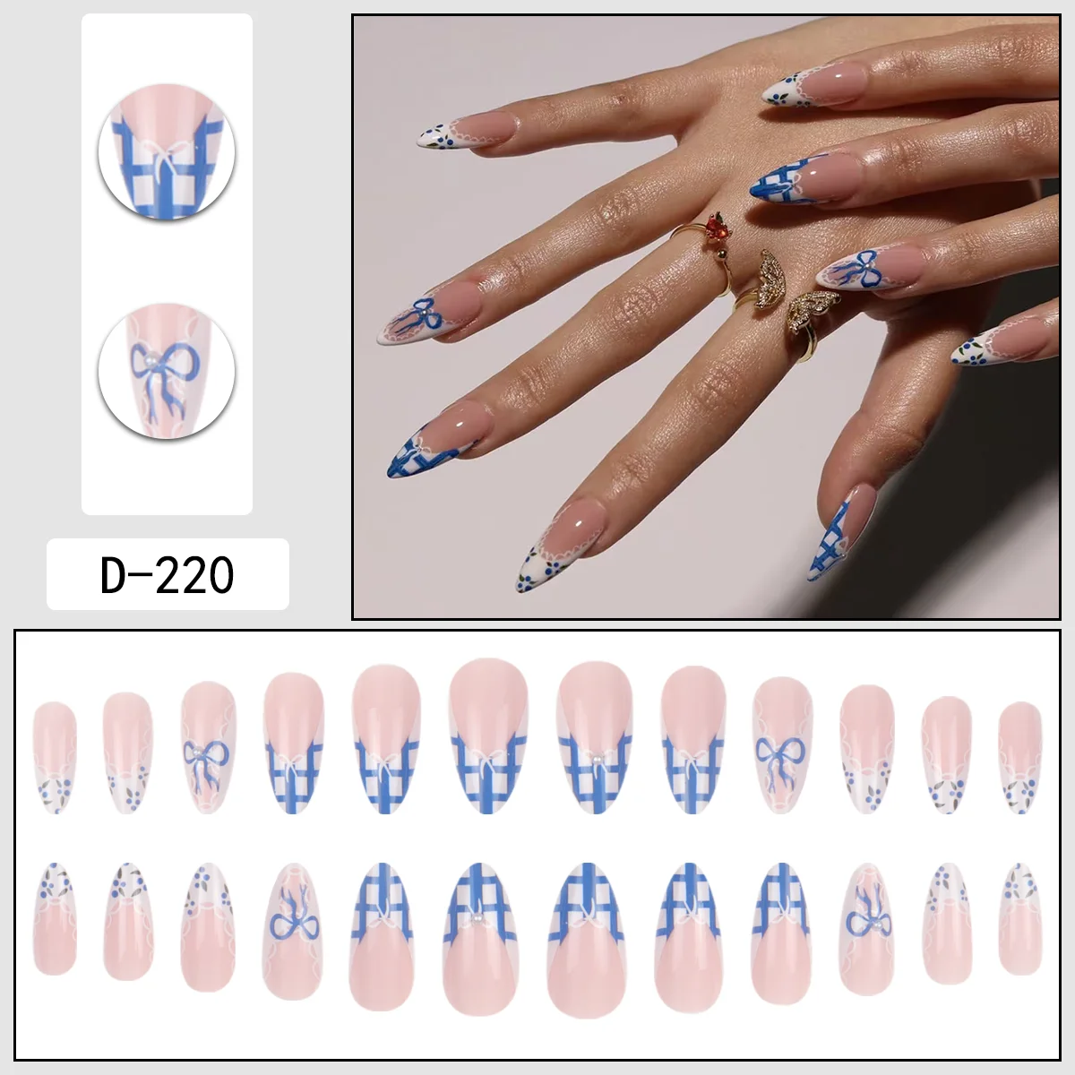 24 Pieces Reusable ABS Blue French Bow Pattern Almond Fake Nails with Press on Nail Tips