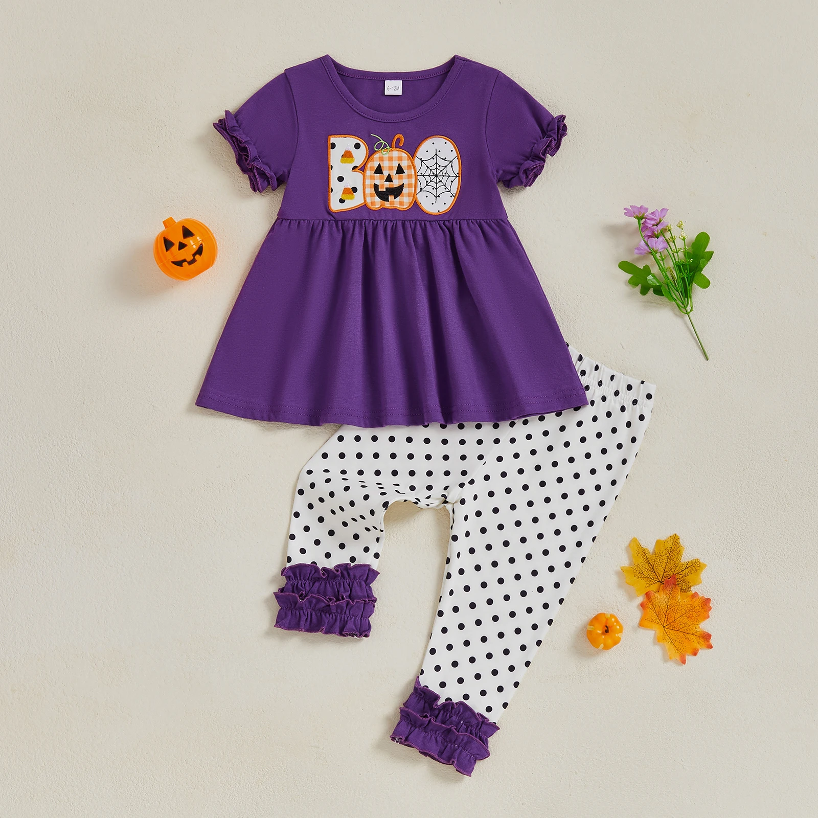 

2025-05-21 Lioraitiin Toddler Baby Girl Halloween Outfit Pumpkin Letter Short Sleeve Babydoll Tops Dot Ruffled Pants 2Pcs Set