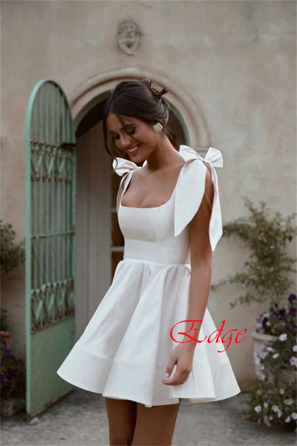 Sukienka wieczorowa z białego satyny na zamówienie, elegancka, z kwadratowym dekoltem, krótkimi rękawkami, sukienka na studniówkę, formalna, z trenem typu court, zapinana na zamek z tyłu, sukienka koktajlowa.