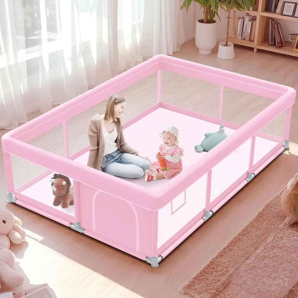 Parc rose robuste 74x50 pour petites filles, cour de jeu intérieure/extérieure pour bébé avec maille et base antidérapante