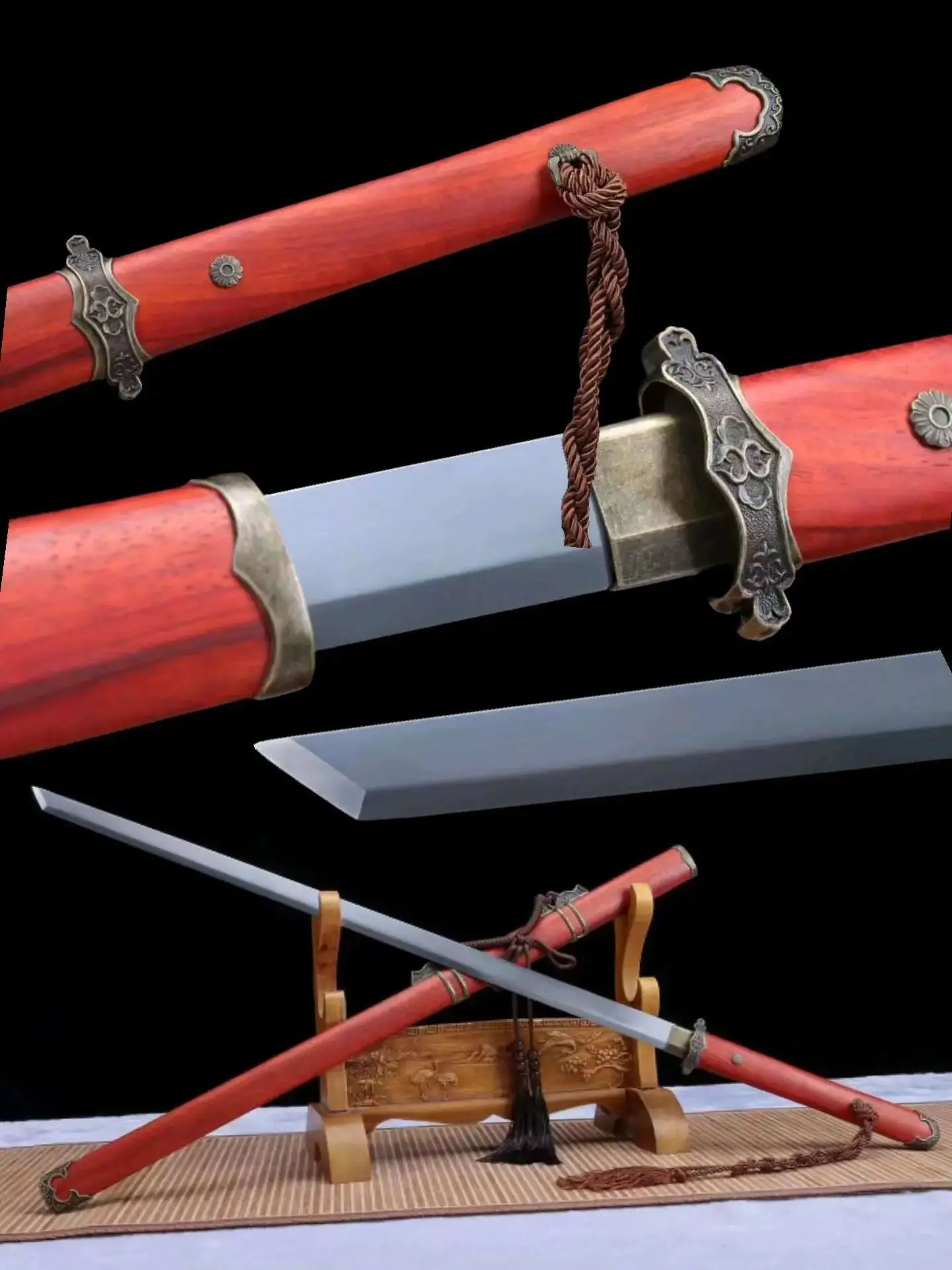 Chinees horizontaal gevechtszwaard, echt handgemaakt mes van hoog mangaanstaal, bovenste rode houten schede, scherp