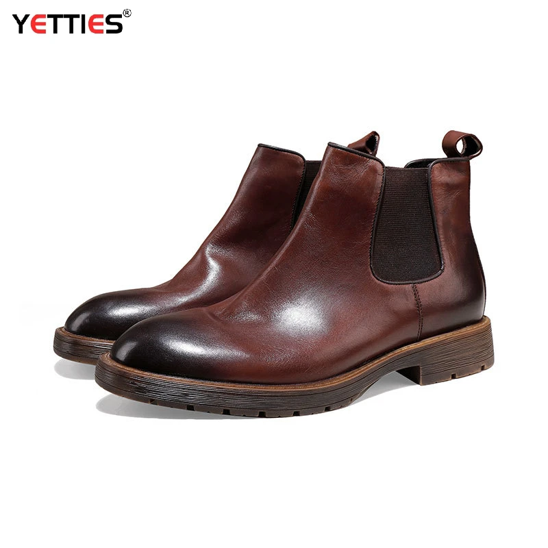 Botines Chelsea de cuero genuino de vaca de estilo británico para hombre, zapatillas altas con banda elástica sin cordones, botas de vestir informales para hombre